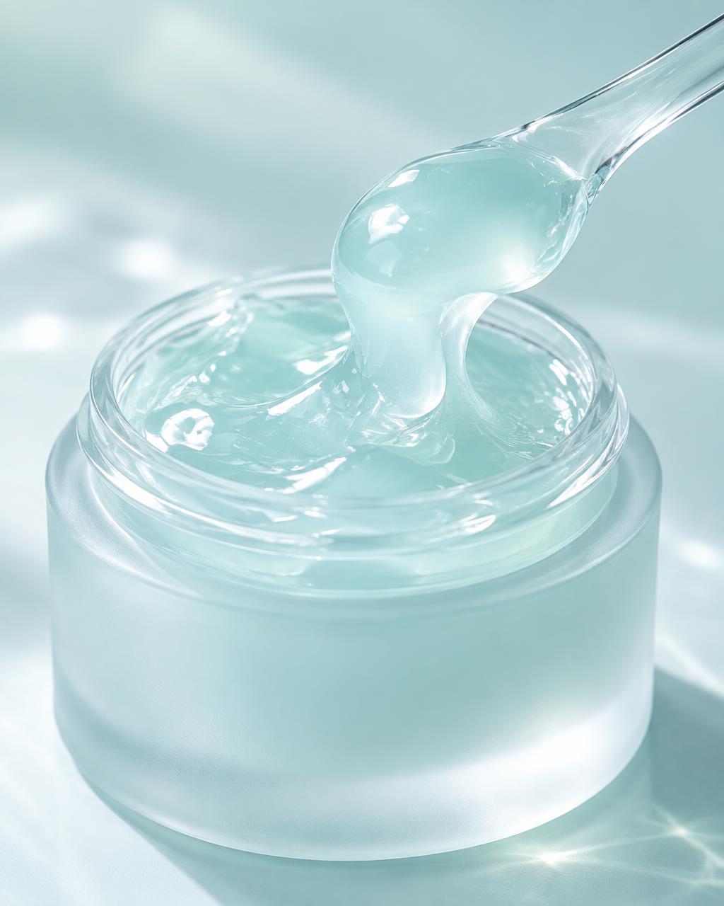 Frosted glass jar of OLCG Collagen Jelly Cream with a translucent scoop of pale-aqua jelly lifted on a glass spatula